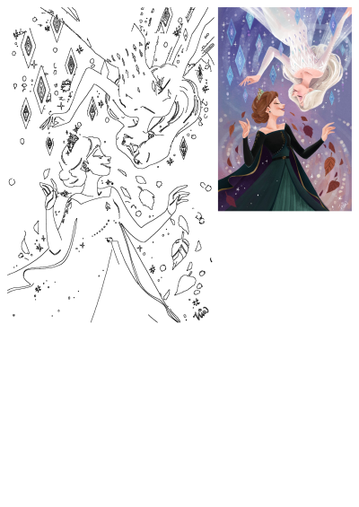 Illustration of Anna and Elsa from Frozen, with Anna in a green dress and Elsa above her in a white dress amid snowflakes and leaves. 