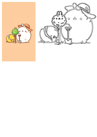 Cute cartoon characters planting a tree. A white cartoon character with a hat holds a shovel next to a tree, with a yellow friend resting nearby.