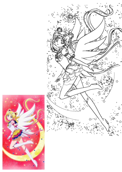Sailor Moon Eternal anime character with white wings poses against a red background with a crescent moon and stars. Magical girl.