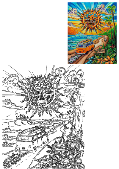 Psychedelic beach art featuring a vibrant sun face, VW van with surfboards, and a "Feel Like That" sign for a retro summer vibe. 