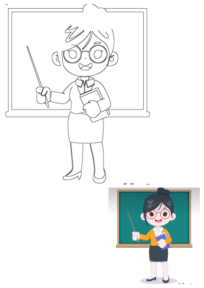 Cartoon character standing in front of a blackboard with a pointer and book. Smiling teacher teaching with book and pointer.
