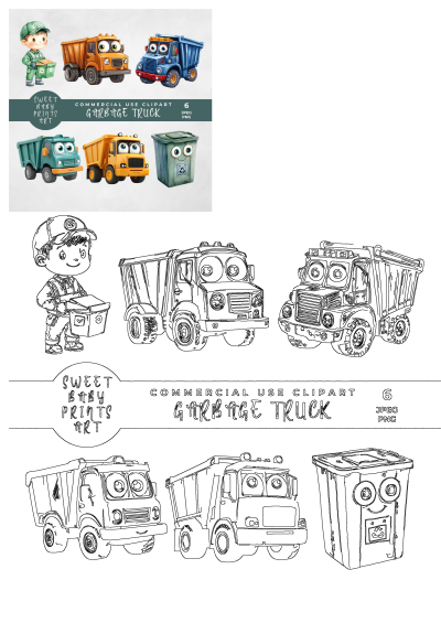 Adorable watercolor clipart featuring garbage trucks and a recycling bin with cute faces. Perfect for commercial projects with a whimsical touch. 