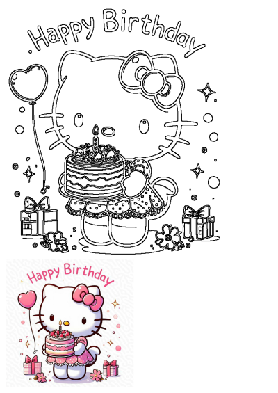 Hello Kitty holding a birthday cake with pink balloons. Image says Happy Birthday in large letters. Cute Hello Kitty birthday wishes.