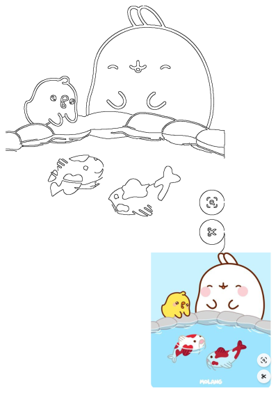 An image of two koi fish in the water with a Molang bunny and duck above. One fish is looking at the duck.