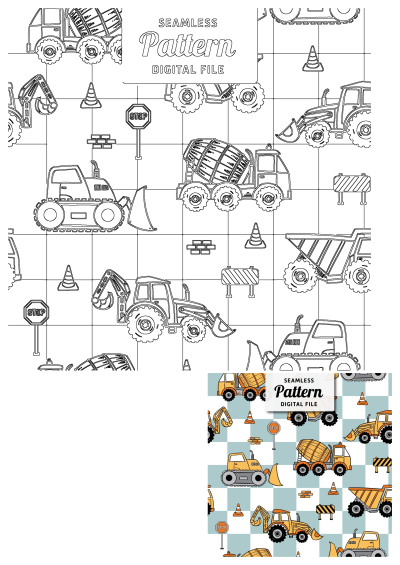 Seamless pattern with construction vehicles on checkered blue and white background, suitable for children's wallpaper. Vector illustration