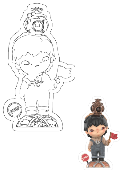 Figurine of a boy with gas mask on his head holding a red flag and standing next to a stop sign on the train tracks.