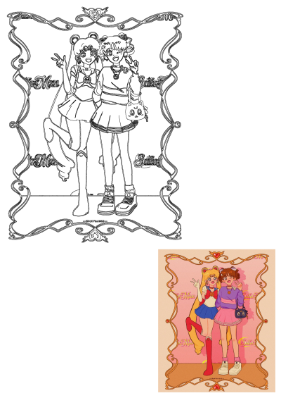 Cartoon image features two girls standing side-by-side against a pink backdrop with a gold frame. Digital fan art of Sailor Moon characters.
