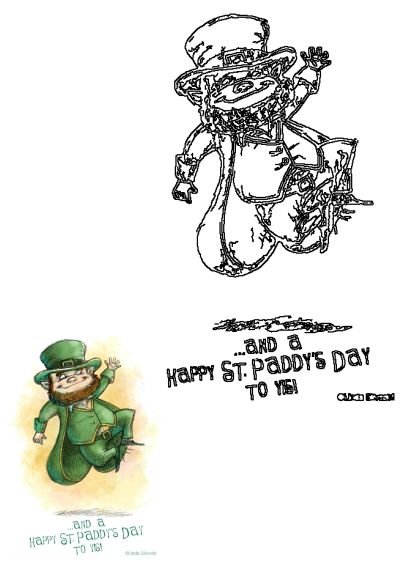 A happy St. Patrick's Day card featuring a cheerful, cartoon-style leprechaun in full green attire, waving and wishing you a lucky day!
