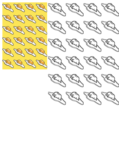 Image of a repeating pattern of Gudetama, the lazy egg character, on a sunny yellow background, a fun and quirky food illustration.