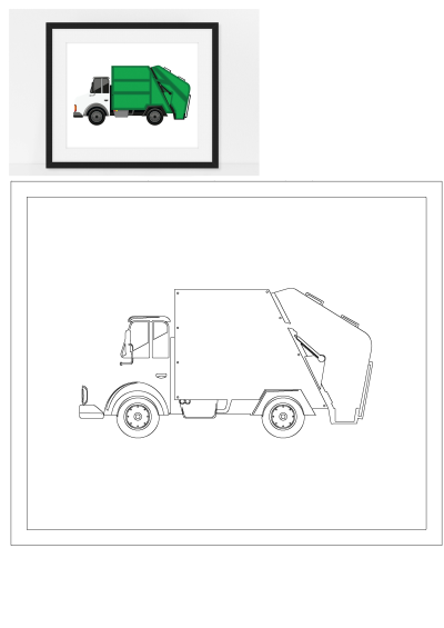 Framed photograph of a green garbage truck illustration, perfect for a child's room or transportation-themed decor. Decorative garbage truck image.