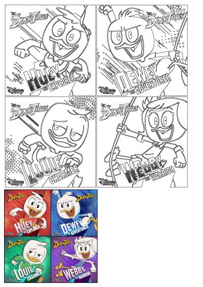 DuckTales characters: Huey the Explorer, Dewey the Adventurer, Louie the Charmer, and Webby the Warrior. Cartoon characters from Disney Channel.