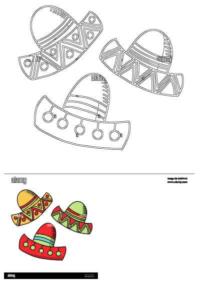 Illustration of three Mexican hats with different colors and designs, showcasing traditional cultural symbols. Festive headwear cartoon.