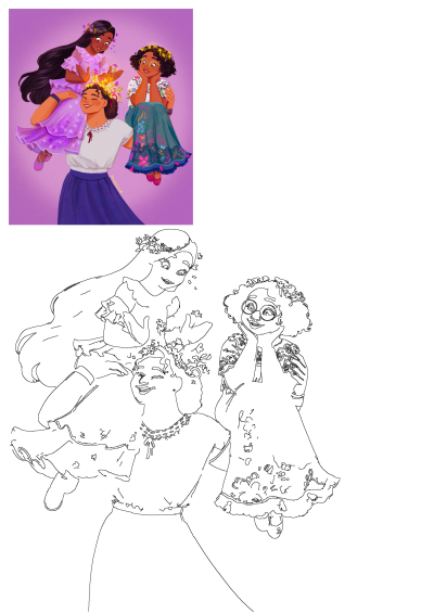 Fan art featuring the Encanto sisters. Three Black girls in dresses, one adorned with flowers in her hair, in an illustration against a purple backdrop.