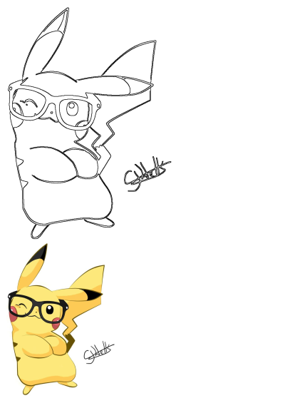 Drawing of Pikachu wearing glasses and folding its arms. A cool, intellectual take on the beloved Pokémon character with a playful wink.