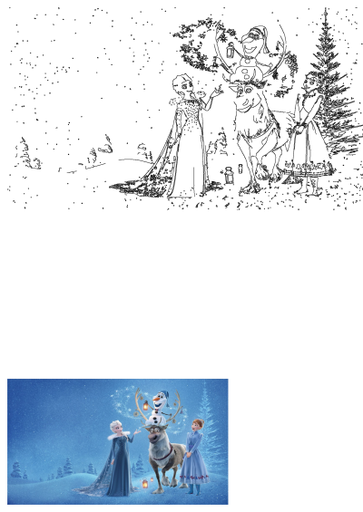 A festive winter scene from Frozen, featuring Elsa, Anna, Olaf on Sven's antlers, and decorative snowflakes and lanterns in a snowy landscape.