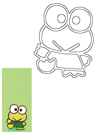 Cartoon Keroppi frog with big eyes and a red bow tie standing against a green background. Cute and playful character design.