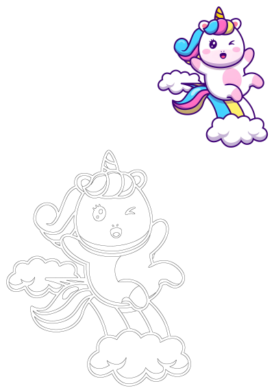 A cheerful cartoon unicorn with a vibrant rainbow mane and tail flying over clouds, presented with both a colorful illustration and a black outline.