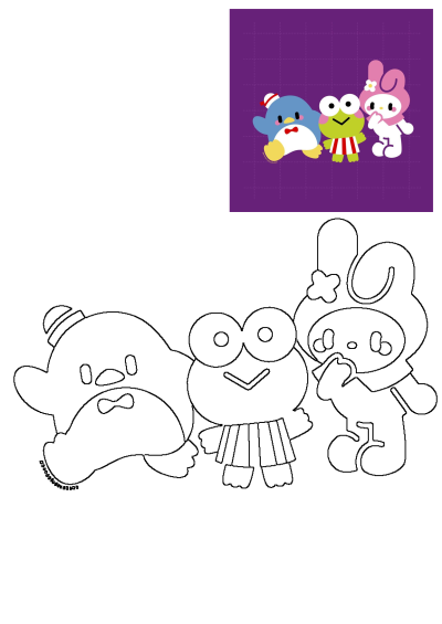 Three cartoon characters, Pompompurin, Keroppi, and My Melody, are sitting next to each other on a purple background from Hello Kitty universe.