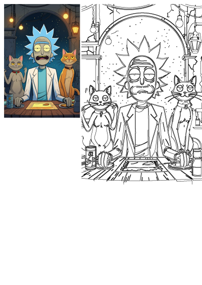 Rick and two cats sitting at a table in a cartoon-style illustration, possibly planning their next interdimensional adventure. 