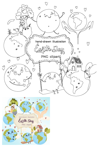 The Earth Day clipart is here, featuring hand-drawn illustrations of the Earth with cute characters, hearts, and elements of nature in a PNG format.
