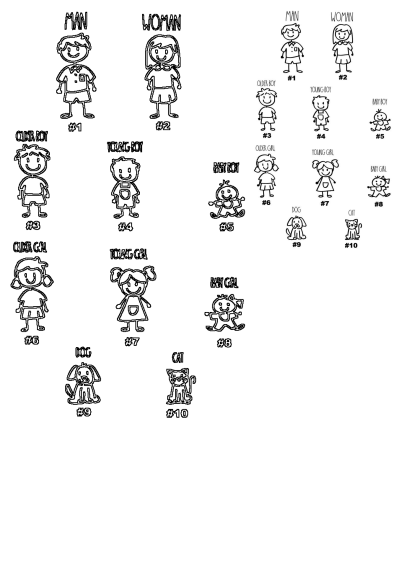 Stick figure drawing of a family with man, woman, boy, girl, dog, and cat. Simple line art shows family members of all ages, including pets.