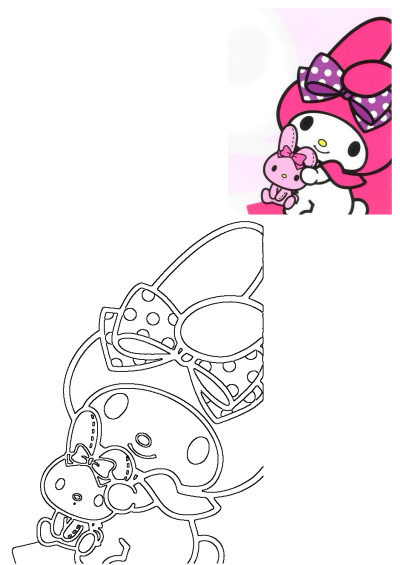 Image of Hello Kitty holding a pink teddy bear with polka dots on it's head. Cute cartoon character with a fun and playful design. 
