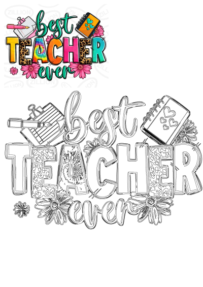 Cheerful 'Best Teacher Ever' graphic with a notebook, pen, and flowers. A vibrant design perfect for teacher appreciation gifts. 