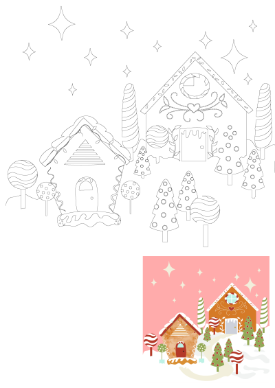 Detailed outline of a festive gingerbread village with decorated houses, sweet candy trees, and sparkling stars in a whimsical winter scene.
