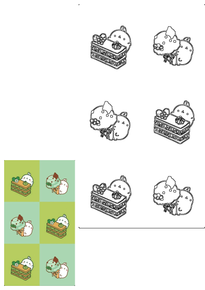 Cute Molang cartoon with matcha sweets like cake and ice cream. This image shows some food that is sitting on top of each other in different colors and shapes.