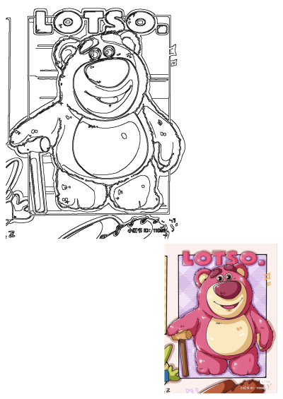 Illustration of Lotso, the pink strawberry-scented bear from Toy Story, smiling with a wooden mallet in hand. Cute cartoon style.