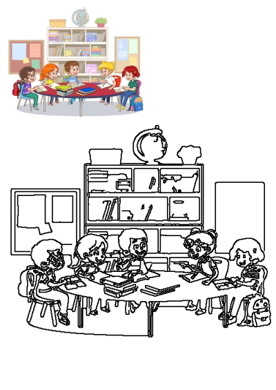 Children sit at a table with books in front of them, an open bookcase behind. Kids studying, learning, reading in the library, cartoon style.