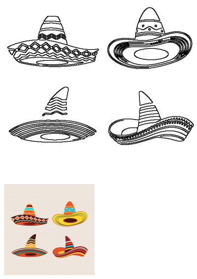 Image of four sombrero hats in different colors and designs, perfect for celebrating a Mexican fiesta or Cinco de Mayo. 