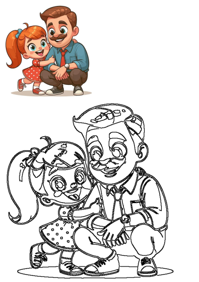 Adorable cartoon of a happy father and daughter sharing a loving moment. The little girl hugs her dad in this heartwarming illustration.