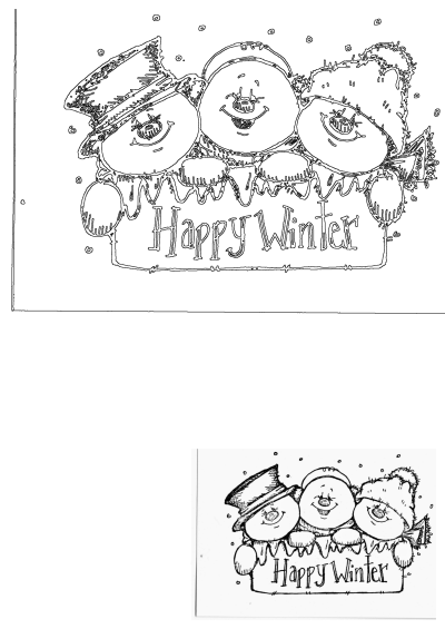Three cheerful snowmen, adorned with hats and scarves, holding a 'Happy Winter' banner amidst falling snowflakes. A charming winter illustration.