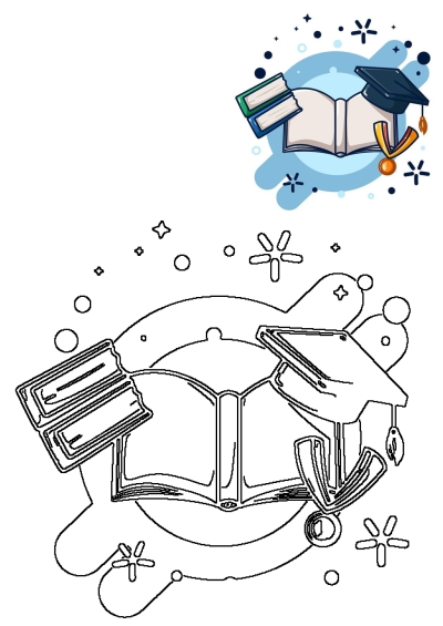 Illustration of open book with a graduation cap, medal and tassel on it, surrounded by snowflakes and some books.