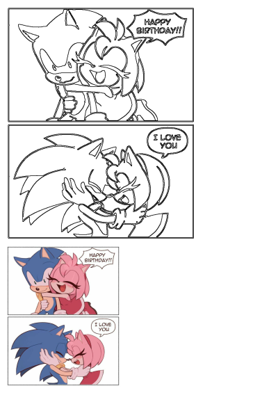 Sonic and Amy Rose hugging each other to say happy birthday and express love. A sweet birthday greeting with love from Sonic to Amy Rose.