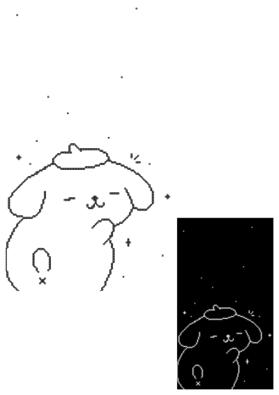 A black and white drawing of a teddy bear against a backdrop of twinkling stars in the night sky, rendered in a pixelated style.