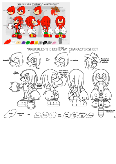 Knuckles the Echidna character sheet detailing design aspects like red and tan eyelids, sharp quills, and cowboy hat from the OVA.