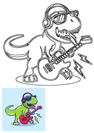 Cartoon dinosaur rocking out! Dinosaur with headphones and sunglasses playing an electric guitar. He's ready to shred some prehistoric tunes!