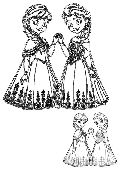 Coloring page featuring two frozen princesses, Anna and Elsa, holding hands and looking at each other. Line art illustration of the sisters.