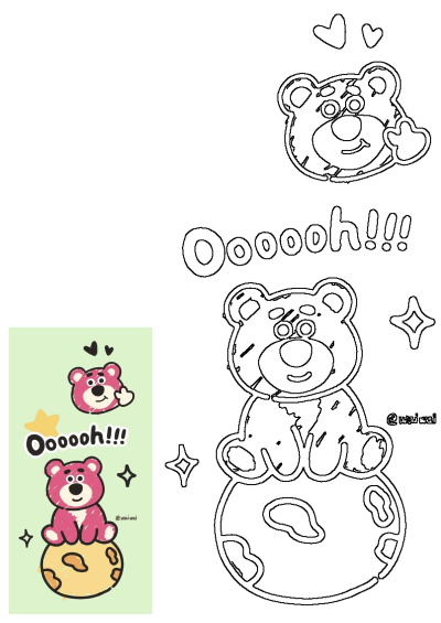 A cute pink teddy bear sitting on a yellow circle over a green background with 'oooh' text. Cartoon style for a sweet, fun design.