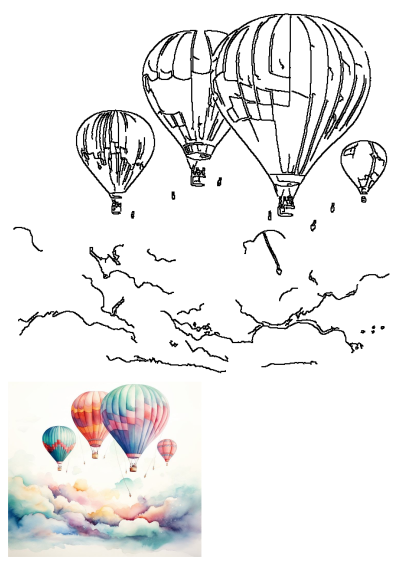 Watercolor illustration of four hot air balloons flying in the sky surrounded by colorful clouds on a cloudy day.