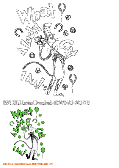 Cat in the Hat with balloons and clovers, perfect for St. Patrick's Day. 'What A Lucky Cat I Am!' design, festive and fun! 