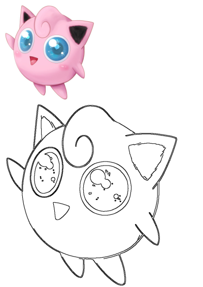 Illustration of a charming pink Jigglypuff, a Pokémon with captivating blue eyes and distinctive black-tipped ears, as described.