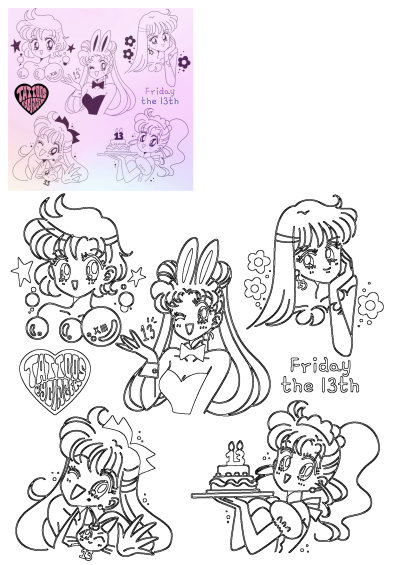 Three cartoon girls with different hair colors and designs, one is holding a cake, from a tattoo design sheet featuring Friday the 13th-themed Sailor Moon.