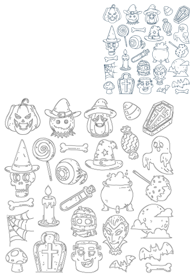 halloween doodles are shown in black and white