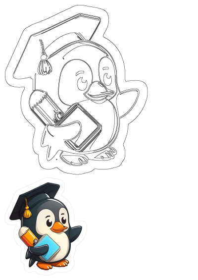 Cartoon image of a penguin with a graduation cap, holding a book and a pencil. A cute illustration for education and graduation themes.