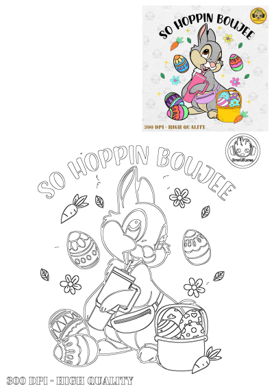 Cute easter bunny with colored eggs, So Hoppin Boujee quote, easter celebration design. High-quality image for cards, prints, and web projects.