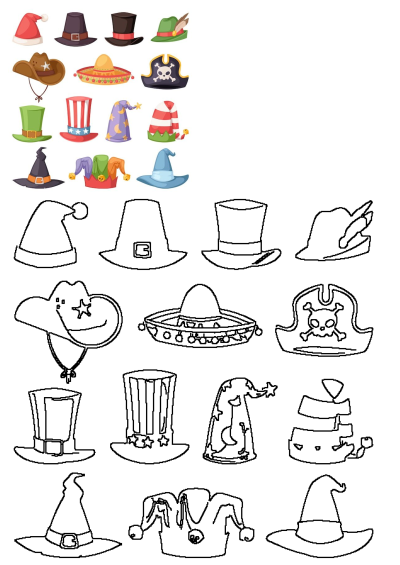 A colorful cartoon collection of different hats on a white background, including Santa, cowboy, pirate, and wizard hats. Perfect for any occasion!