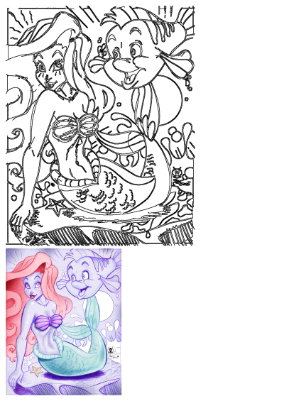 A charming drawing of Ariel the mermaid and her friend Flounder the fish, in a sweet embrace under the sea. An heartwarming display of affection.